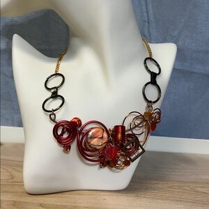 Artistic Red and Gold Wire Necklace 17 inches